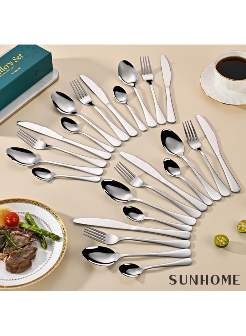 SUNHOME 24-Piece Stainless Steel Cutlery Set Kitchen Utensil Set Western Tableware Suitable For Home Kitchen Restaurant Hotel Party Dining Picnic Dining Exquisite Packaging Gift Silver