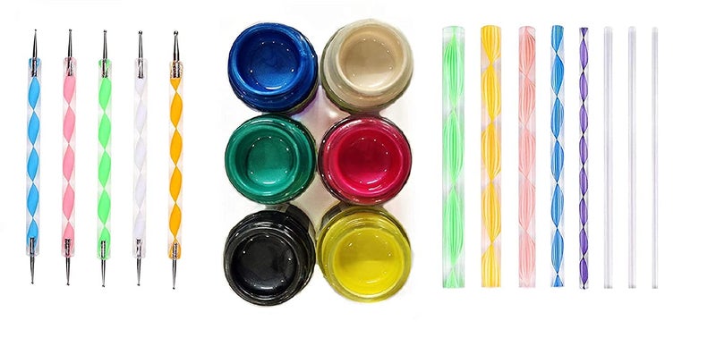 E Shopping® Mandala Art Set includes 6 Fevicryl Acrylic Colors ,5 Dotting Tools & 8 Mandala tools. Acrylic Colours Crimson,SAP Green,Black,Ultramarine Blue,Lemon Yellow,White 10ml each - Image 1