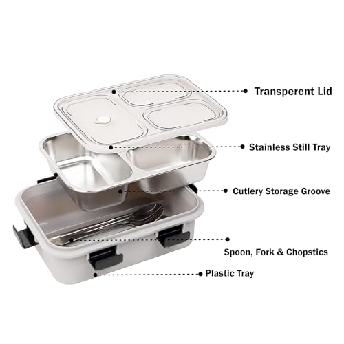 Brand Conquer Lunch Box Leak-Proof BPA Free Stainless Steel for School, Lunch Box for School & Office with a Fork, a Spoon and a Pair of Chopsticks (Grey, 3 Compartment) - Image 2