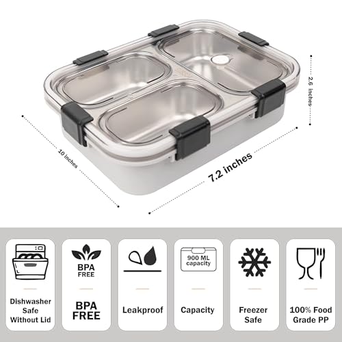 Brand Conquer Lunch Box Leak-Proof BPA Free Stainless Steel for School, Lunch Box for School & Office with a Fork, a Spoon and a Pair of Chopsticks (Grey, 3 Compartment) - Image 3