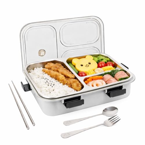 Brand Conquer Lunch Box Leak-Proof BPA Free Stainless Steel for School, Lunch Box for School & Office with a Fork, a Spoon and a Pair of Chopsticks (Grey, 3 Compartment) - Image 1