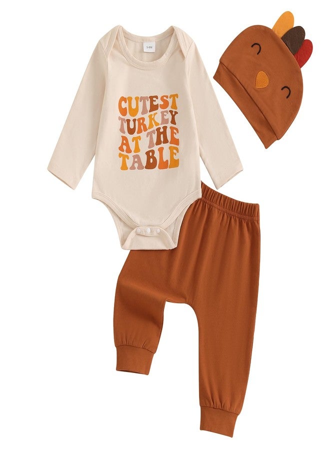 Lamuusaa Newborn Baby Boy Thanksgiving Outfit Long Sleeve My 1st Thanksgiving Romper Long Pants Hat 3Pcs Clothes Set 0-18M (Khaki, 0-3 Months) - Image 1