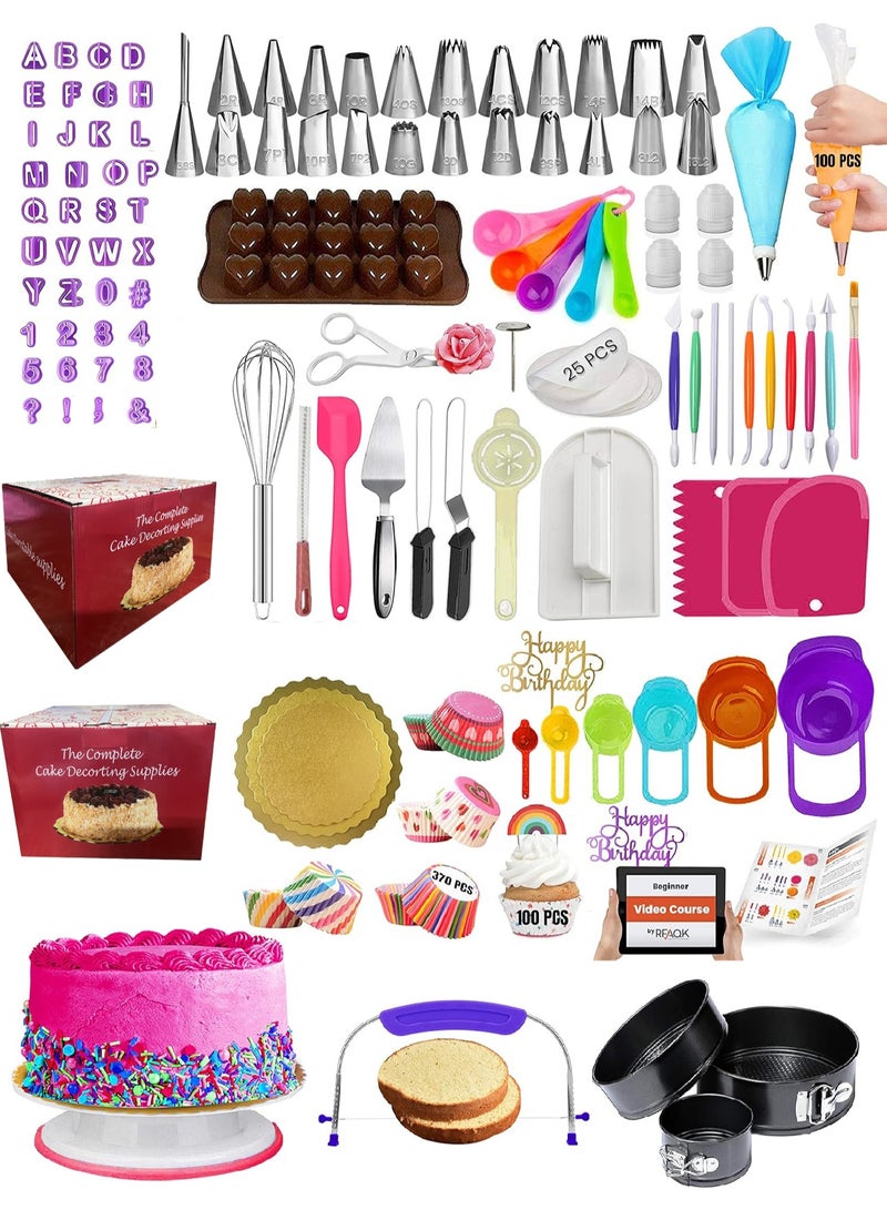 كيلا 700 قطعة طقم تزيين الكيك مع لوازم الخَبز - قرص دوار لتزيين الكيك مع صواني الخبز، أداة تسوية، 24 رأس تزيين، 2 ملاعق تزيين، أدوات صنع الفوندان، مخطط نقش والمزيد - Image 1