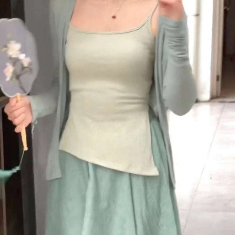 Mint Green Cardigan Vest Skirt Set for Women Green sling (single piece)