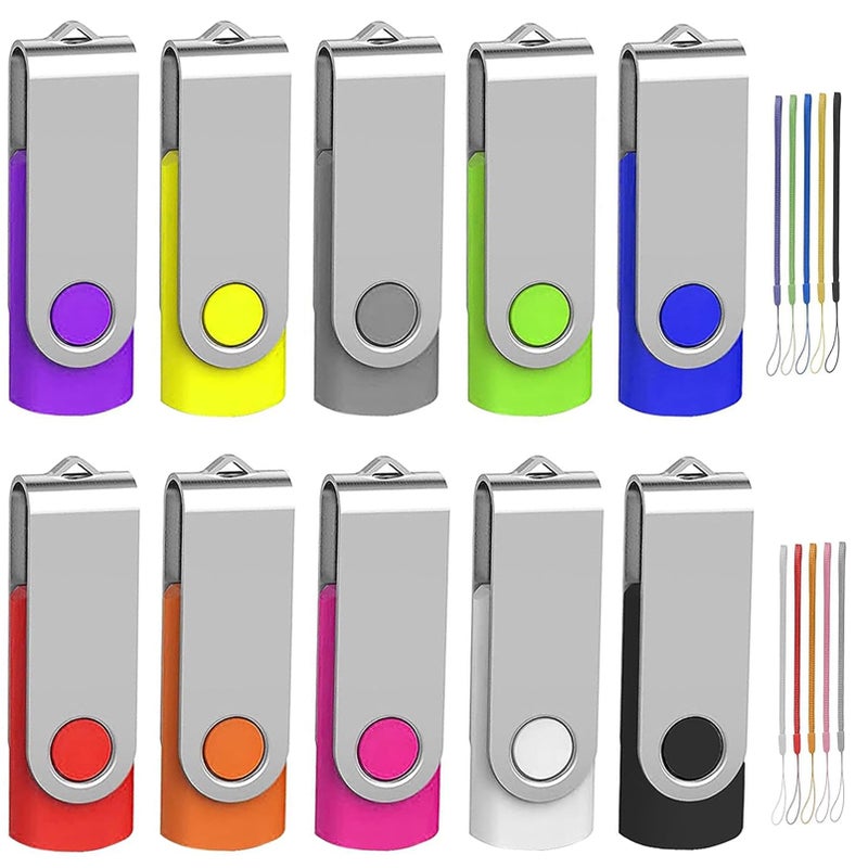 Wooolken 32GB Flash Drive 10 Pack, Wooolken USB 2.0 Thumb Drive Bulk Pen Drive Metal Swivel Memory Stick 32 GB 10 Colors Multipack Value Zip USB Drives with Lanyard - Image 1