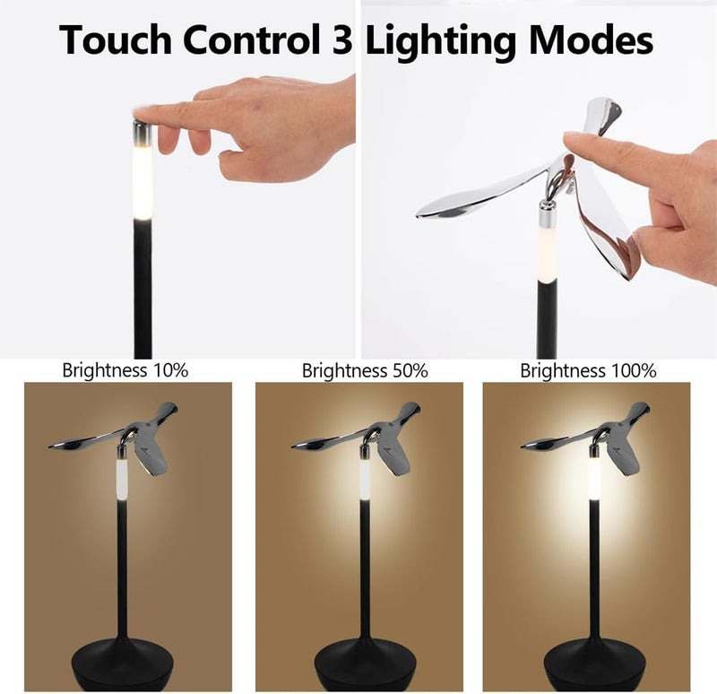 مصباح طاولة لاسلكي قابل لإعادة الشحن، مصباح مكتب LED لاسلكي بتوازن الجاذبية، مصابيح سرير على شكل طائر مع 3 درجات لون و حساس لمسة، ديكور مكتبي منزلي (أسود) - Image 4