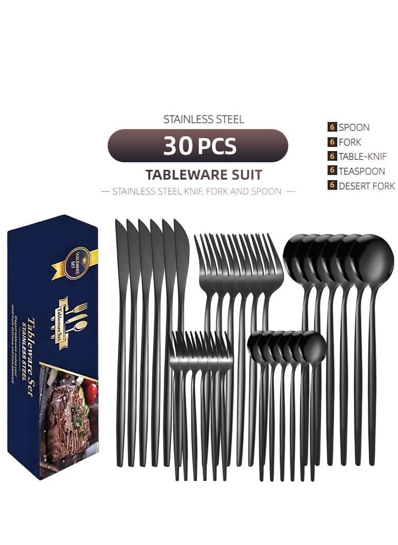 MHD 30-Piece Stainless Steel Knife Fork Spoon Full Set Silver for Home Office Restaurant Hotel Silver 