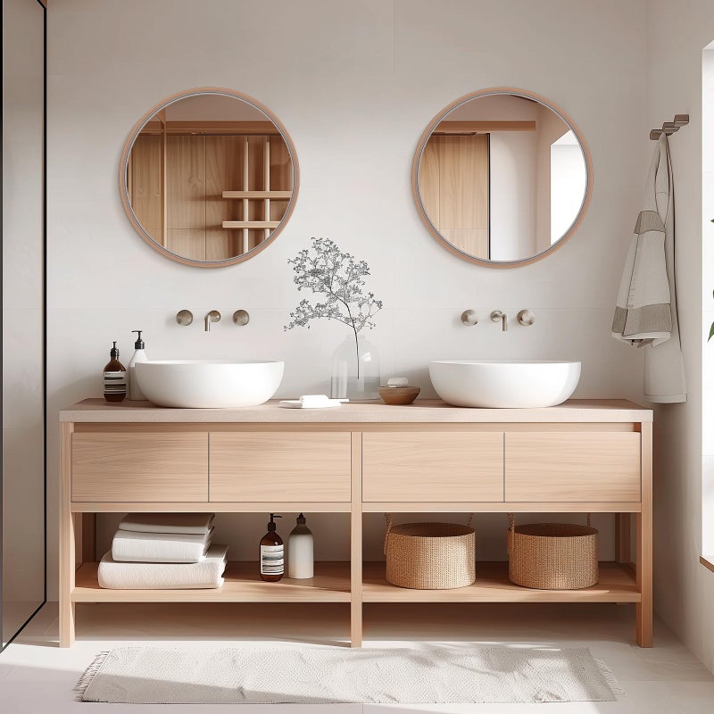 WallBeyond Wood Round Mirror with Wood Frame 24 inch Circle Wall Mirror for Bathroom Round Wall Mirror for Wall Decor, Vanity, Entryway Living Room (Walnut) - Image 3