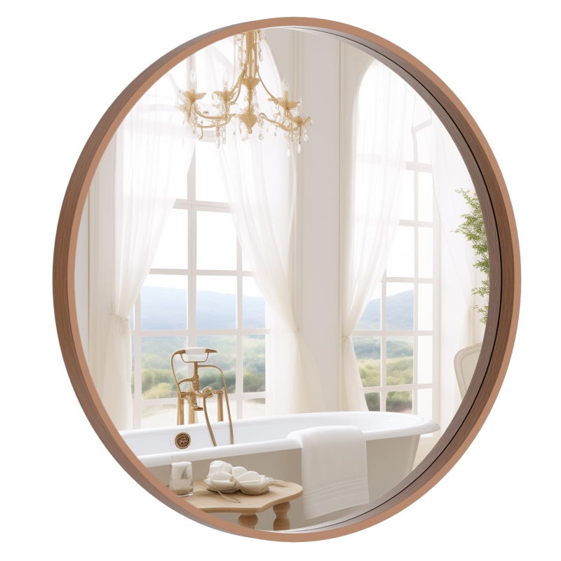 WallBeyond Wood Round Mirror with Wood Frame 24 inch Circle Wall Mirror for Bathroom Round Wall Mirror for Wall Decor, Vanity, Entryway Living Room (Walnut) - Image 1