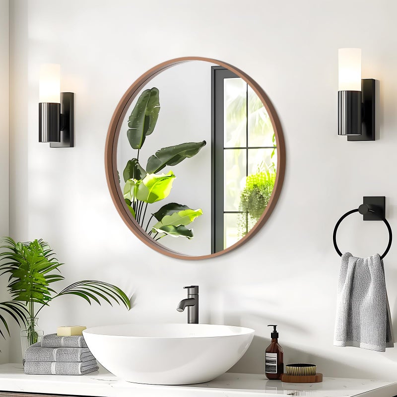 WallBeyond Wood Round Mirror with Wood Frame 24 inch Circle Wall Mirror for Bathroom Round Wall Mirror for Wall Decor, Vanity, Entryway Living Room (Walnut) - Image 4