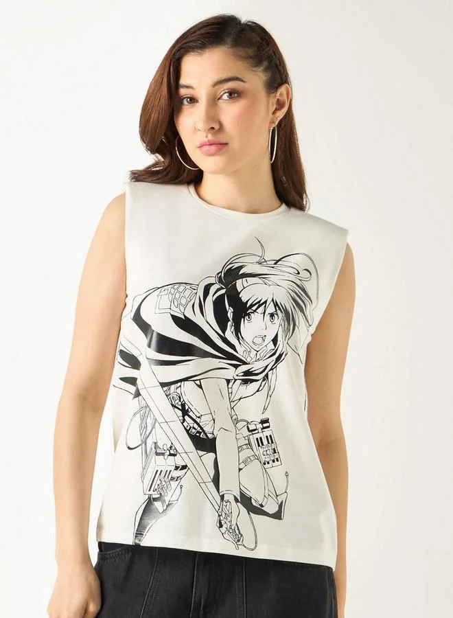 Anime Print Sleeveless T-shirt with Crew Neck