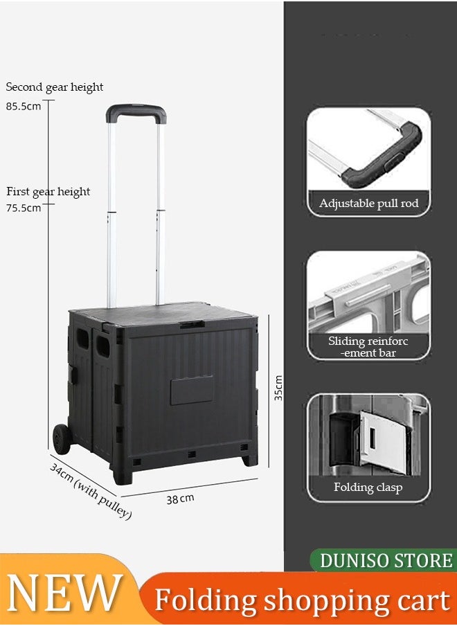 DUNISO - Folding shopping cart, portable small cart with lid and two pulleys, adjustable height, suitable for mobile, grocery shopping, luggage, black - Image 1