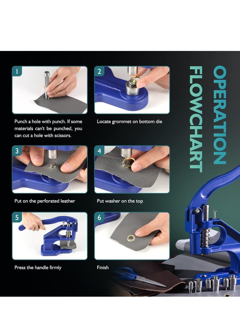 Heavy Duty Grommet Machine Kit with 3 Dies (1/4", 3/8", 1/2"), Punch Hole Tool, and 1500 Gold Grommets for Leather, Shoes, and Clothing. Perfect for DIY Projects! - Image 4