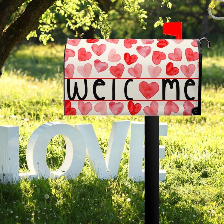 Farg Welcome Valentines Mailbox Cover Magnetic Standard Size 21 x 18 Inch Valentine Mailbox Covers Red Love Heart Decoration Mail Box Post Letter Box Wraps for Home Garden Outdoor Yard Decor - Image 2