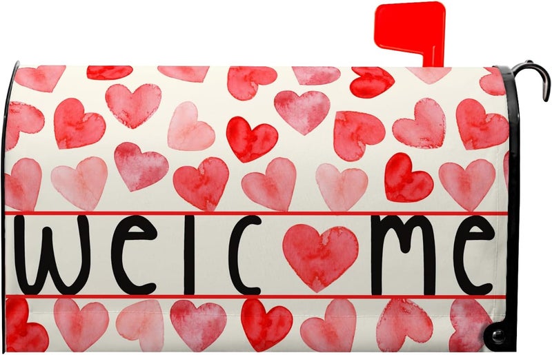 Farg Welcome Valentines Mailbox Cover Magnetic Standard Size 21 x 18 Inch Valentine Mailbox Covers Red Love Heart Decoration Mail Box Post Letter Box Wraps for Home Garden Outdoor Yard Decor - Image 1
