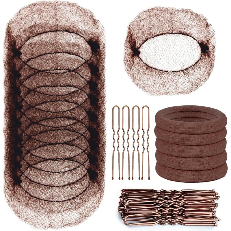 TsMADDTs Hair Nets and U Shaped Pins Set  30 Hair Nets 30 24 INCH Hair Pins 5 Hair Bands Brown