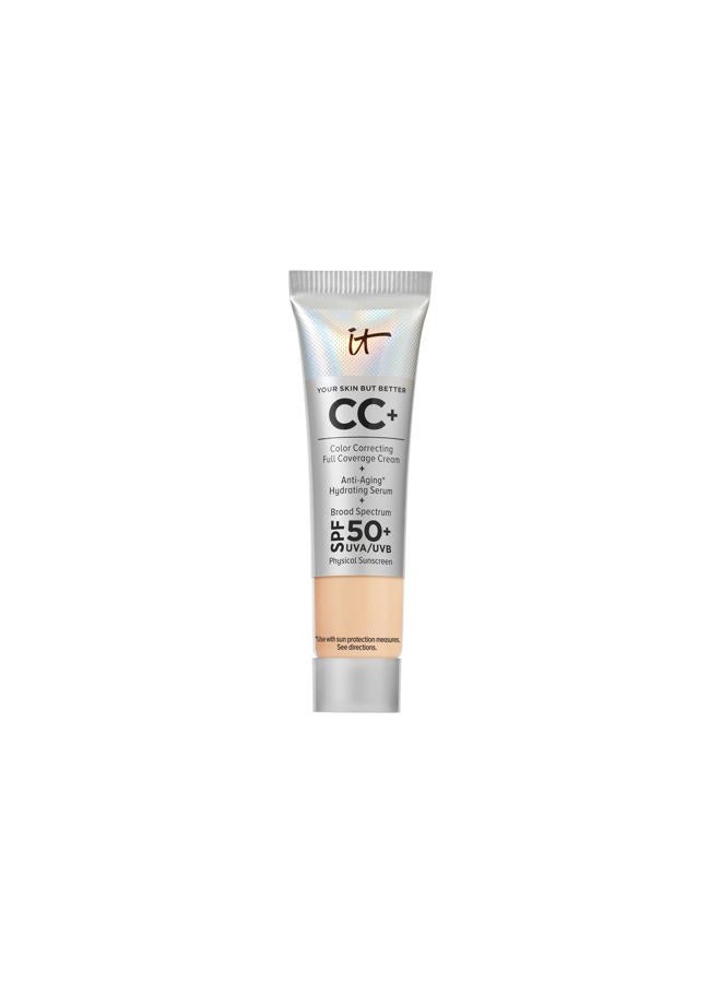 IT COSMETICS كريم CC+ من IT Cosmetics - حجم السفر، لون متوسط فاتح - كريم تصحيح اللون، أساس تغطية كاملة، سيروم مرطب وواقي شمس SPF 50+ - لمسة طبيعية - 0.406 أونصة سائلة - Image 1