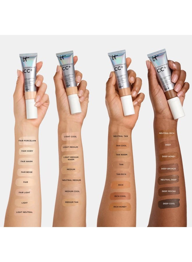 IT COSMETICS كريم CC+ من IT Cosmetics - حجم السفر، لون متوسط فاتح - كريم تصحيح اللون، أساس تغطية كاملة، سيروم مرطب وواقي شمس SPF 50+ - لمسة طبيعية - 0.406 أونصة سائلة - Image 5