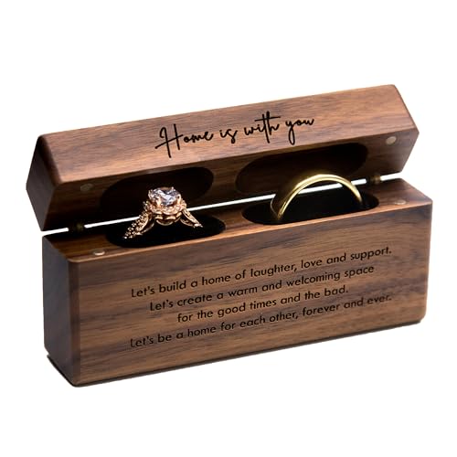 MUUJEE Double Ring Box - Engraved Slim Wooden Ring Case Box for Wedding Ceremony Engagement Proposal Ring Bearer Box - Anniversary Birthday Gift Ideas (Home Is With You) - Image 1
