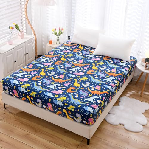 NATURETY Bedding Fitted Sheet with Deep Pocket,Dino Printed Thicken Soft Fabric Bed Sheets (Navy Blue(Dinosaur), Queen) - Image 1