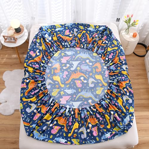 NATURETY Bedding Fitted Sheet with Deep Pocket,Dino Printed Thicken Soft Fabric Bed Sheets (Navy Blue(Dinosaur), Queen) - Image 3