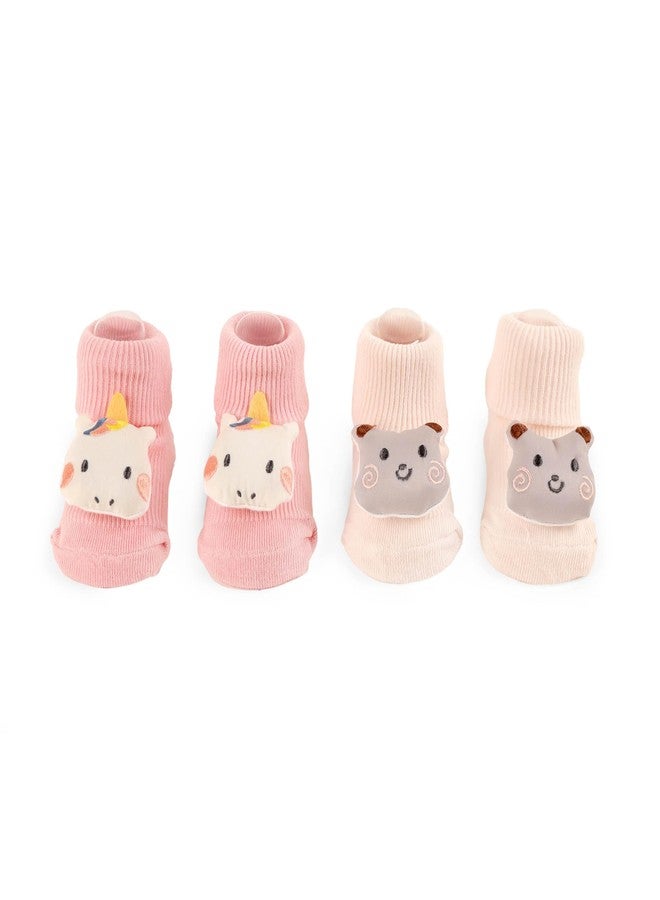 Kicks & Crawl Anti-skid/slip Unicorn and Bear Socks For Baby Boys and Girls Cream/Pink (Pack of 2) - 0-9M - Image 1
