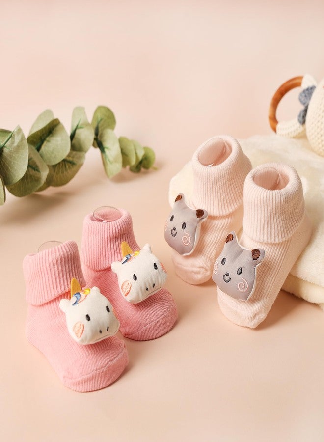 Kicks & Crawl Anti-skid/slip Unicorn and Bear Socks For Baby Boys and Girls Cream/Pink (Pack of 2) - 0-9M - Image 5