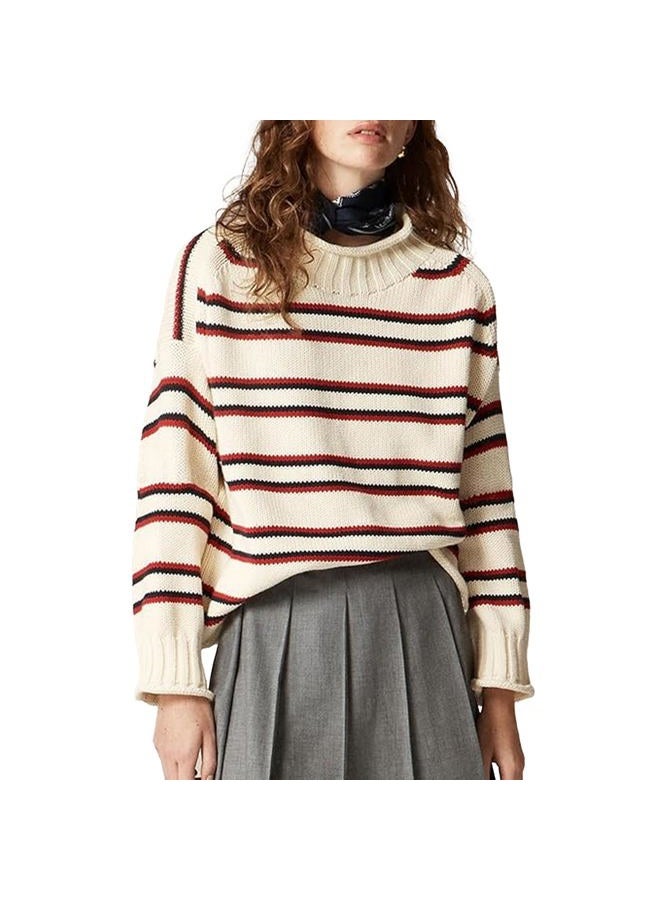 SeeLuNa Oversized Sweaters for Women Roll High Neck Hem Long Sleeve Soft Chunky Cable Knit Striped Pullover Tops Outerwear, Striped-white, XS - Image 1