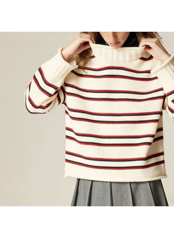 SeeLuNa Oversized Sweaters for Women Roll High Neck Hem Long Sleeve Soft Chunky Cable Knit Striped Pullover Tops Outerwear, Striped-white, XS - Image 3
