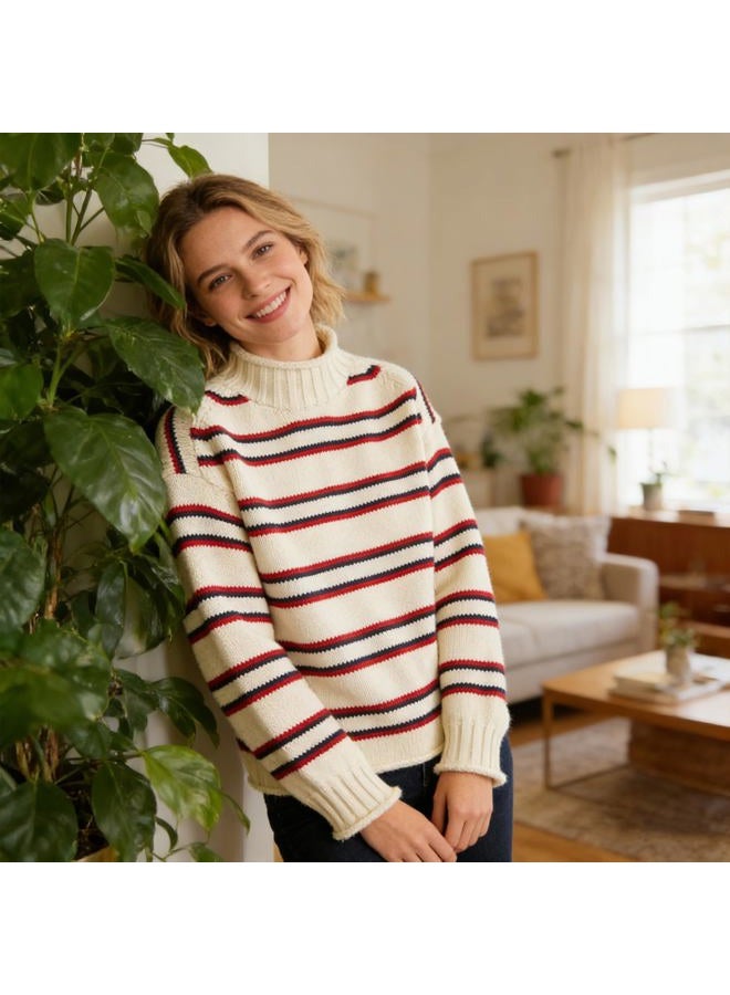 SeeLuNa Oversized Sweaters for Women Roll High Neck Hem Long Sleeve Soft Chunky Cable Knit Striped Pullover Tops Outerwear, Striped-white, XS - Image 5