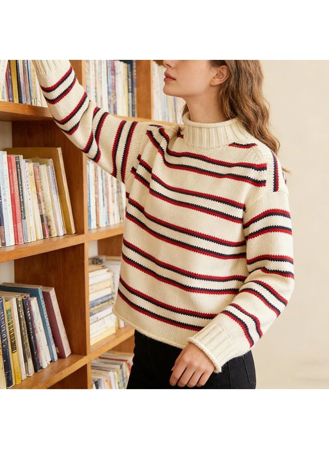 SeeLuNa Oversized Sweaters for Women Roll High Neck Hem Long Sleeve Soft Chunky Cable Knit Striped Pullover Tops Outerwear, Striped-white, XS - Image 2