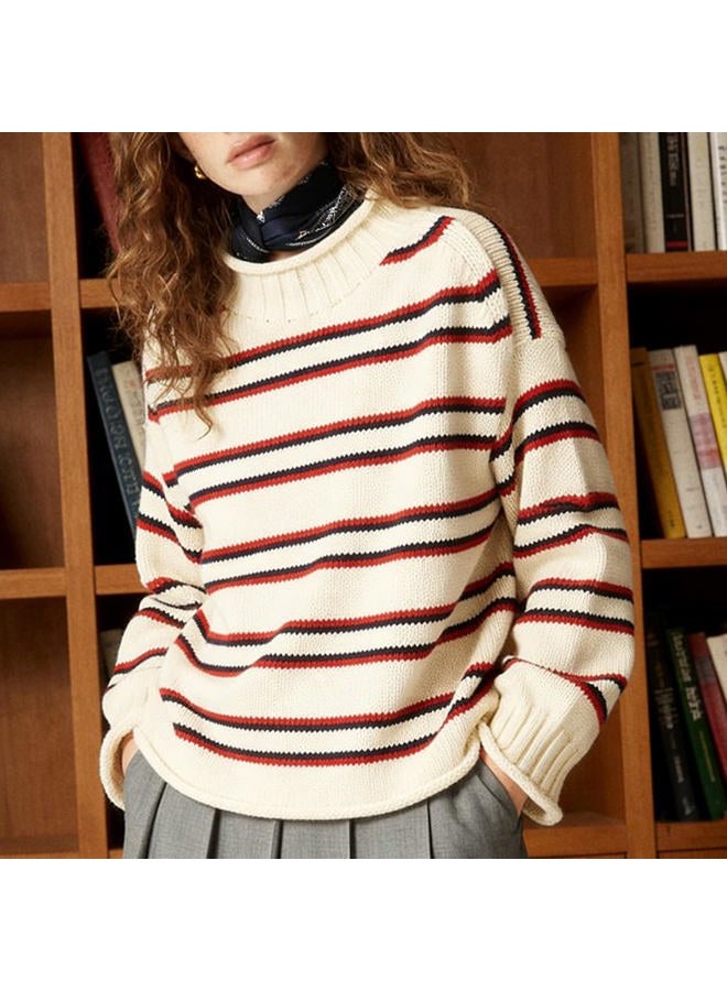 SeeLuNa Oversized Sweaters for Women Roll High Neck Hem Long Sleeve Soft Chunky Cable Knit Striped Pullover Tops Outerwear, Striped-white, XS - Image 4