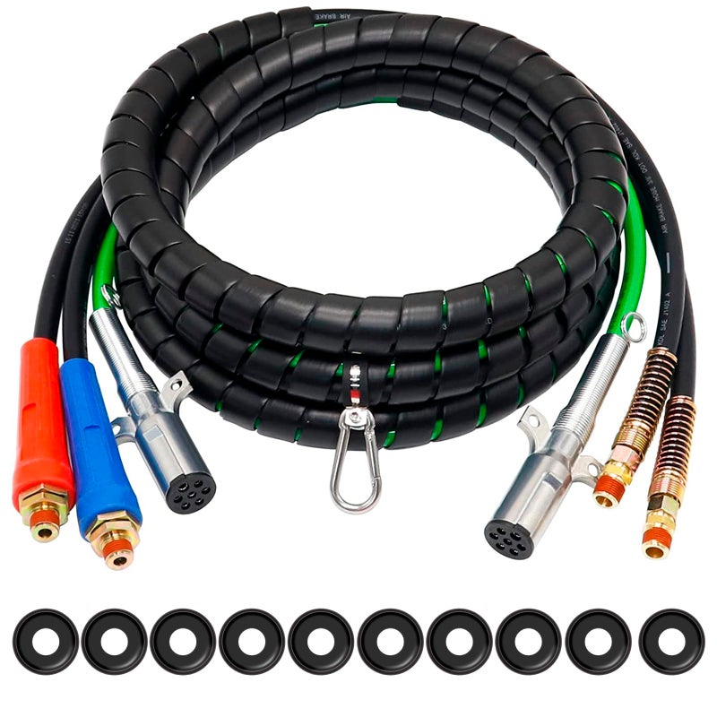 Boeray 15ft 3 in 1 ABS Power Air Line Hose Wrap 7 Way Electrical Cable with Handle Grip for Semi Truck Trailer Tractor