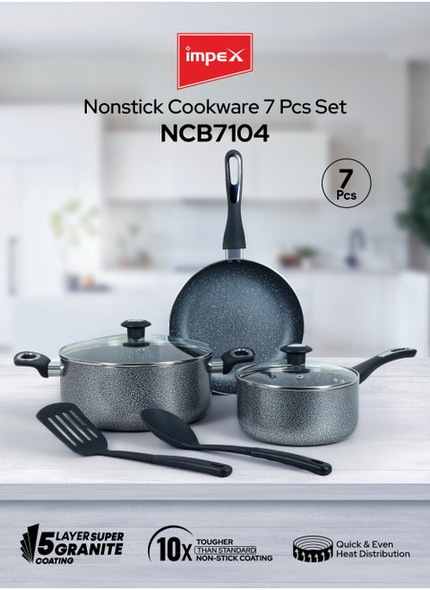 7-Piece Aluminum Cookware Set,5 Layer Super Granite Coating, Non-Stick Surface,Frying Pan 24cm, Saucepan with Lid 24cm,Milk Pan with Lid 18cm And Spatula PFOA Free-NCB 7104