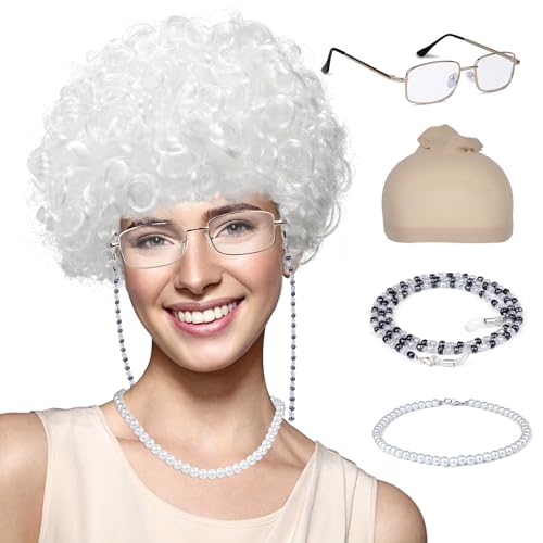 FAYBOX Mrs Clause Wig,Queen Elizabeth Costume for Women,Madea Granny Glasses,100 Days of School Costume Old Lady Costume - Image 1
