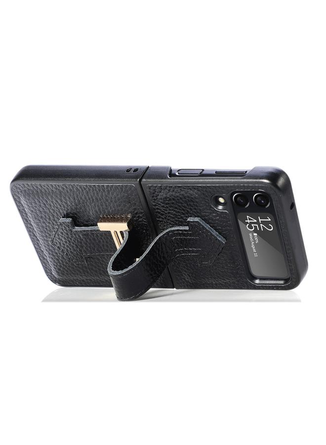 S-TOP Case For Samsung Galaxy Z Flip4 Genuine Leather Litchi Pattern Phone Case with Wrist - Image 4