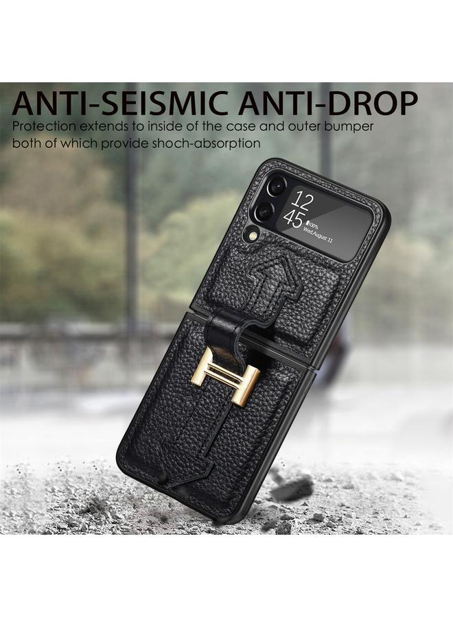 S-TOP Case For Samsung Galaxy Z Flip4 Genuine Leather Litchi Pattern Phone Case with Wrist - Image 5