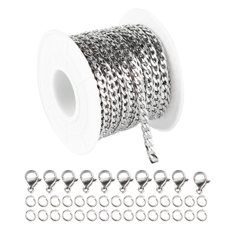 YOUBEIYEE 33 Feet Silver Stainless Steel Chain Link Curb Cuban Chains Spool Bulk with Jump Rings Lobster Clasps for DIY Jewelry Making Necklaces Chokers Findings Bracelets Anklets