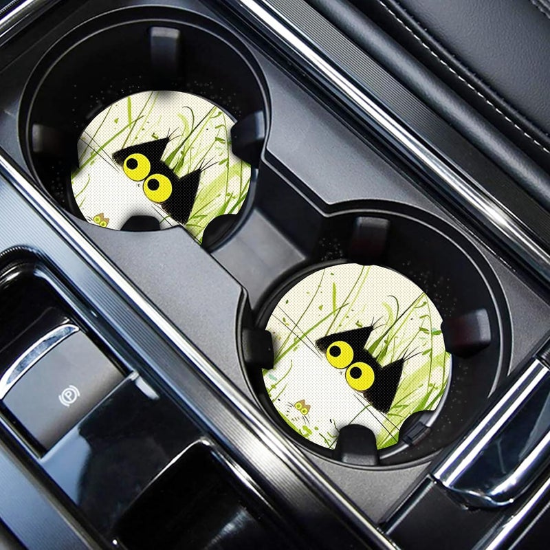 WOCOCN Cute Cup Holder Coasters for Your Car with Fingertip Grip, Auto Accessories for Women & Men,Pack of 2(Grass Cat) - Image 1