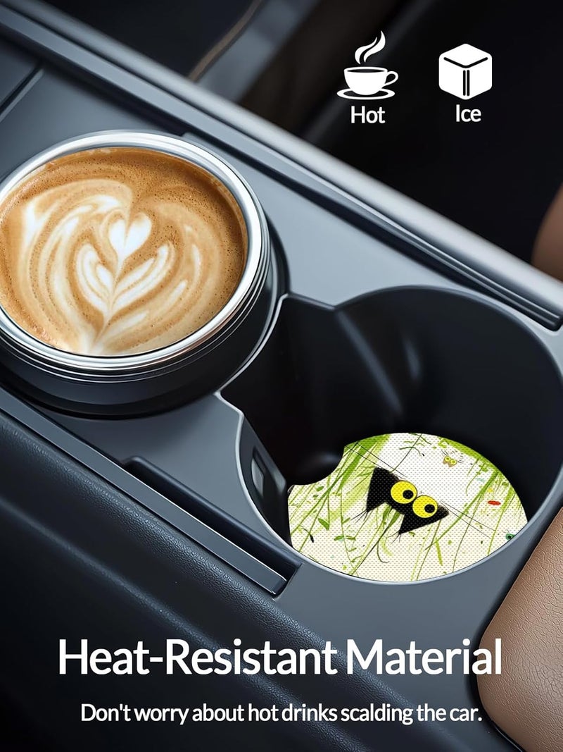 WOCOCN Cute Cup Holder Coasters for Your Car with Fingertip Grip, Auto Accessories for Women & Men,Pack of 2(Grass Cat) - Image 2