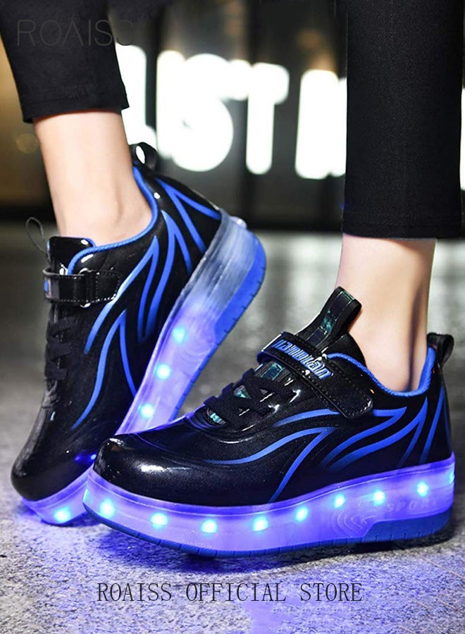 roaiss Kids Unisex Double Wheel Roller Skates Shoes with LED Light Rechargeable Velcro Sneakers for Children Outdoors Luminous Shoes with Detachable Roll Wheels Low Top Sneaker Black - Image 2