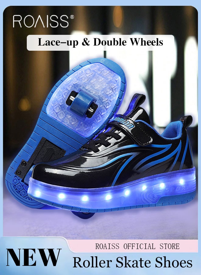 roaiss Kids Unisex Double Wheel Roller Skates Shoes with LED Light Rechargeable Velcro Sneakers for Children Outdoors Luminous Shoes with Detachable Roll Wheels Low Top Sneaker Black - Image 1