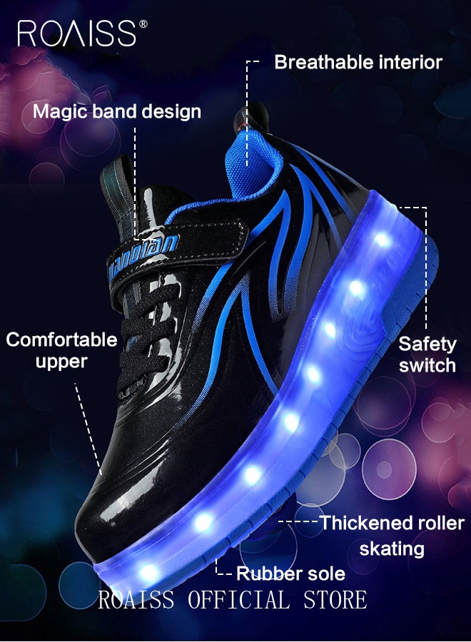 roaiss Kids Unisex Double Wheel Roller Skates Shoes with LED Light Rechargeable Velcro Sneakers for Children Outdoors Luminous Shoes with Detachable Roll Wheels Low Top Sneaker Black - Image 3