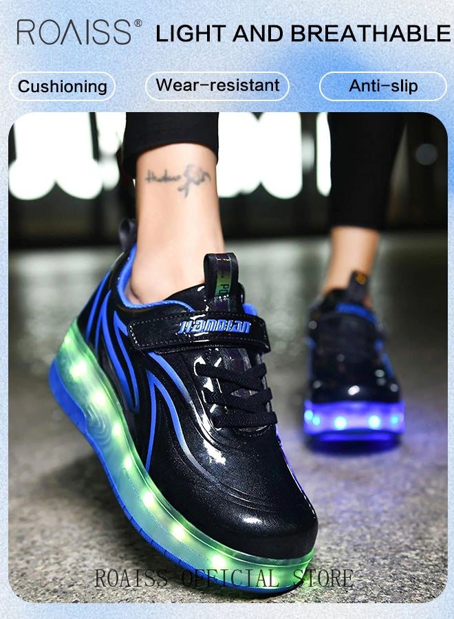 roaiss Kids Unisex Double Wheel Roller Skates Shoes with LED Light Rechargeable Velcro Sneakers for Children Outdoors Luminous Shoes with Detachable Roll Wheels Low Top Sneaker Black - Image 4