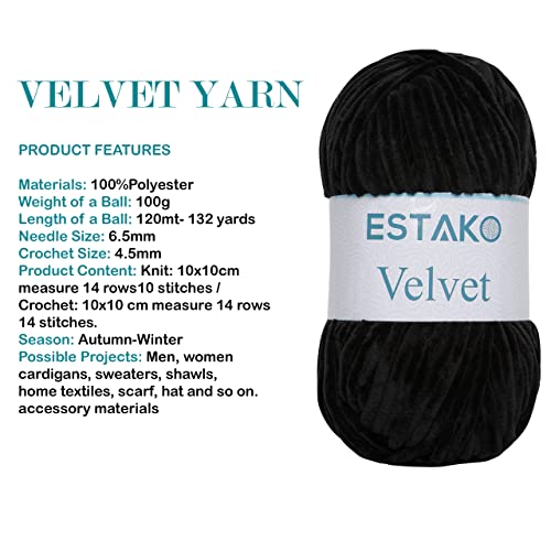Estako Velvet Chenille Blanket amigurumi Yarn for Crocheting and Knitting Super Bulky 100 gr (132 yds) (1810 - Black) - Image 2