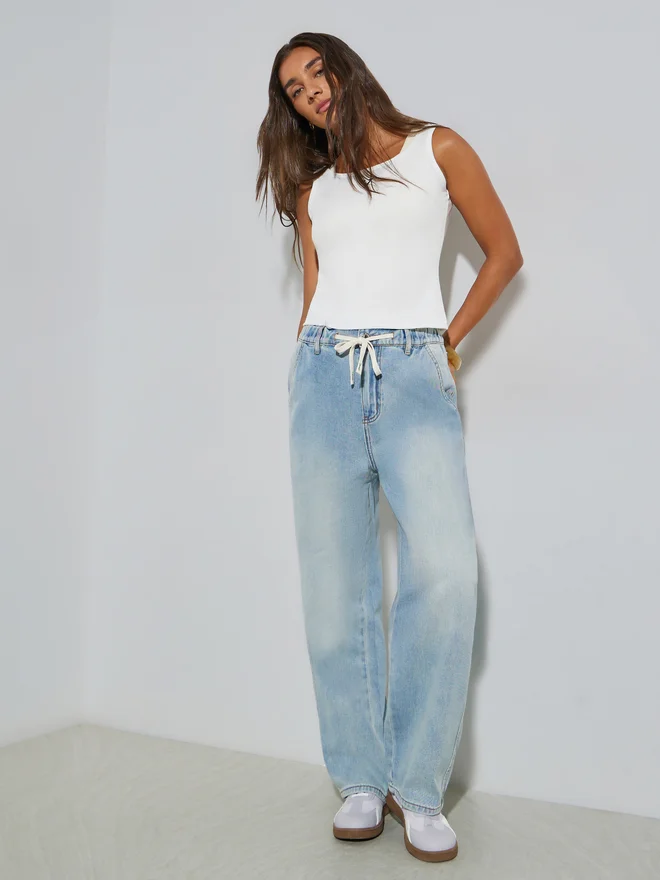 Styli Women Wide Leg Mid Rise Jeans  with Drawstring