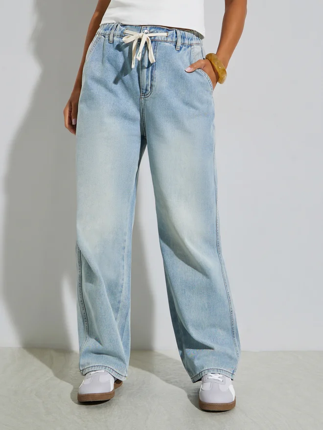 Styli Women Wide Leg Mid Rise Jeans  with Drawstring