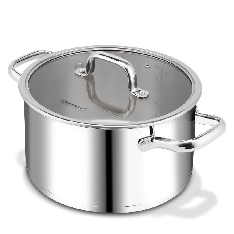 Rorence 6 Quart Stainless Steel Stockpot TriPly Base Large Pot for Cooking with Lid for Soup Pasta Vegetable Induction Cooking Pot for All Stoves Oven Dishwasher Safe