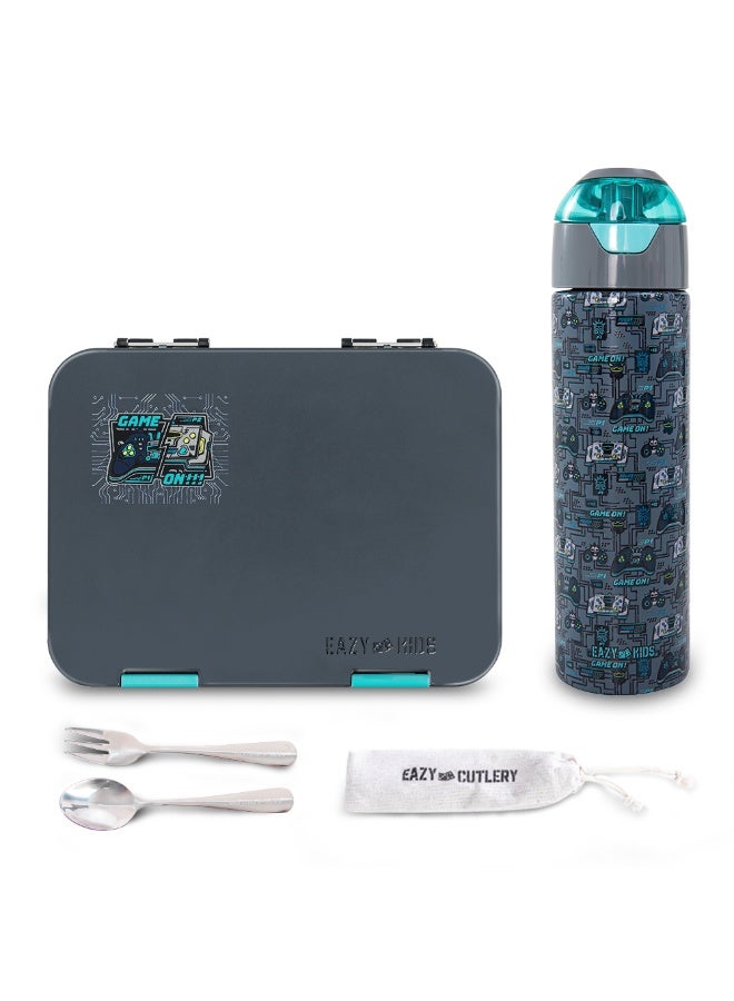 Eazy Kids Convertible Bento Lunch Box w/ Insulated Stainless Steel Water Bottle 640ml – Game ON Grey