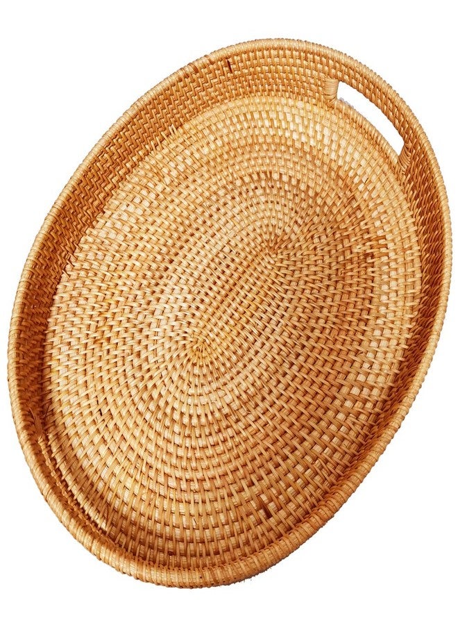 i-lan Oval Rattan X-Large Breakfast Severing Tray-17 Wicker Woven Food Storage Platters for Fruit,Bread, Drinks,Snacks|Coffee Table Serving Basket Ottoman Tray with Handles and 2.4" Wall(XXL-43cm) - Image 1